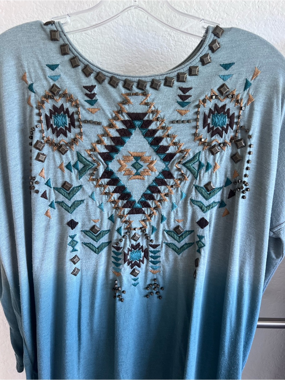 Double D Ranch Teal Ombre Embroidered Studded Tunic Long sleeve Shirt